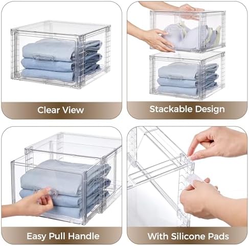 Vtopmart 4 Pack Clear Stackable Closet Storage Drawers 15QT, Medium