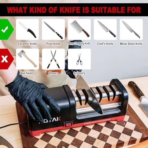 Electric Knife Sharpener,Professional kitchen knife sharpener,Diamond abrasive and precision Angle guide 3 stage slot home sharpener,Sharpening and Polishing, Red
