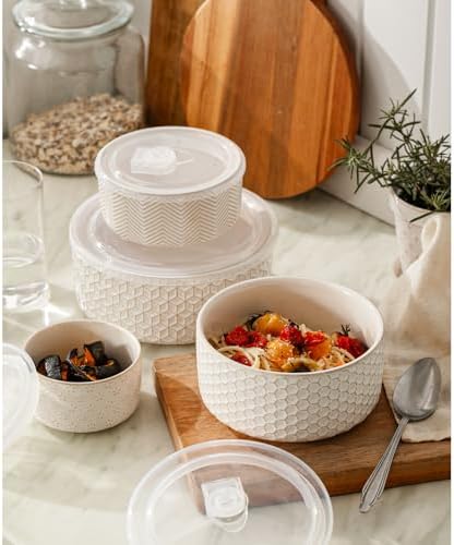 Serving Bowls with Lids, Ceramic Nesting Bowls Set of 4, Off-White