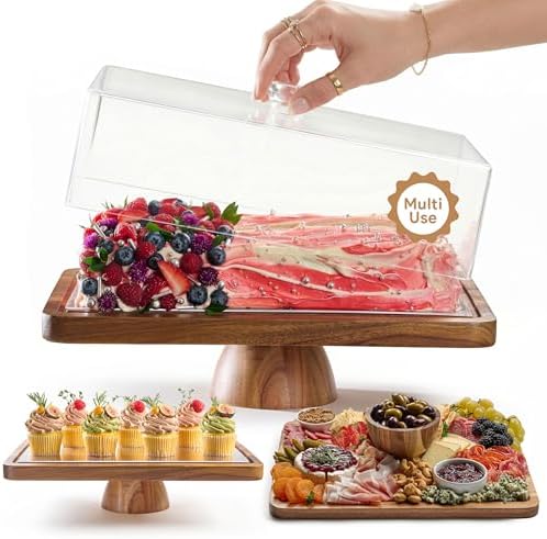 HOMESPHERE Acacia Wood Cake Stand with Lid, 2-in-1 Charcuterie Board, 17x13