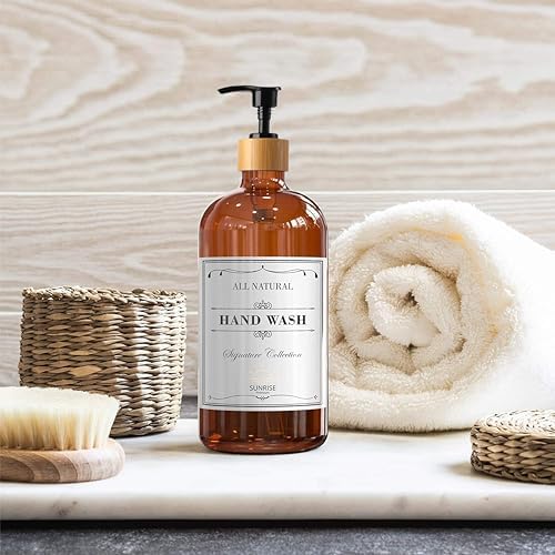 Sunrise Premium Amber Glass Soap Dispenser, Bamboo Pump with Tray, 2 Pack