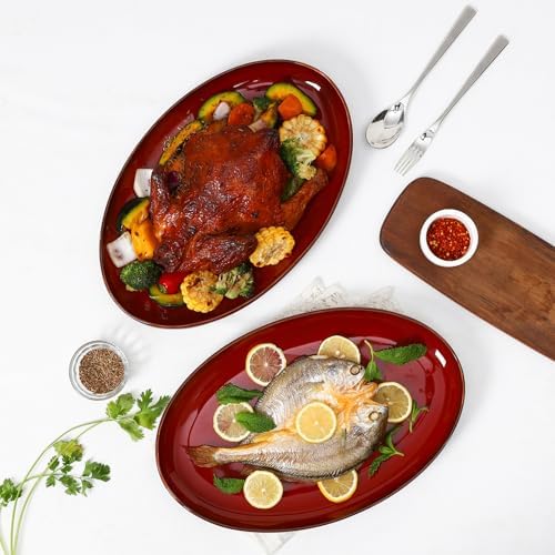 vicrays Ceramic Serving Platter Tray - Extra Large Oval 14.5 Inch Porcelain Dinner Plates Long Serving Dish Set - for Party Restaurant Food Meat Sushi Fish Turkey Platter - Cherry Red