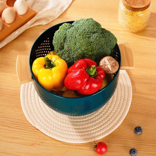Metal Colander with Wood Handle, Powder Coated Steel Large Kitchen Strainer Stable Base,(Green, 5.5QT)