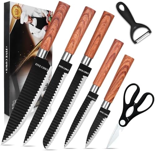 7-Piece Ultra Sharp Chef Knife Set - Premium German High Carbon Stainless Steel, Ergonomic Wood Pattern Handle, Professional Kitchen Knives with Gift Box (Brown 7 Piece)
