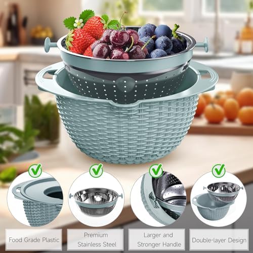 4-1 Strainer with Bowl & Spoons Set - Strainers and Colanders(Patented) - Colanders for kitchen - Food Strainer with New Upgraded Graters & Spoons - Fruit Bowl for Pasta Fruits Veggie- Blue