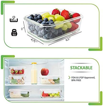 PrepNaturals 10 Pack 30 Oz Glass Meal Prep Containers - Dishwasher Microwave Freezer Oven Safe - Glass Storage Containers with Lids (Multi-Compartment)