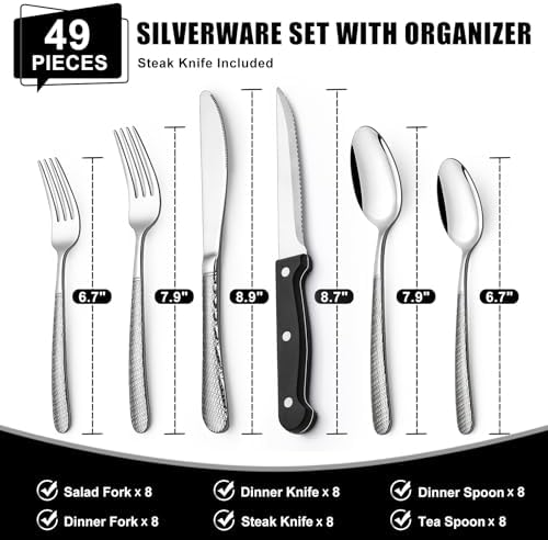 49-Piece Hammered Silverware Set with Organizer, Food-Grade Stainless Steel Flatware for 8, Cutlery Utensil Sets with Steak Knives, Rust-proof, Mirror Polished, Dishwasher Safe, Round Hammered