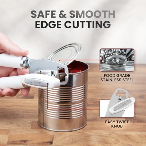 Zulay Kitchen Manual Can Opener Heavy Duty Patented Stainless Steel, White