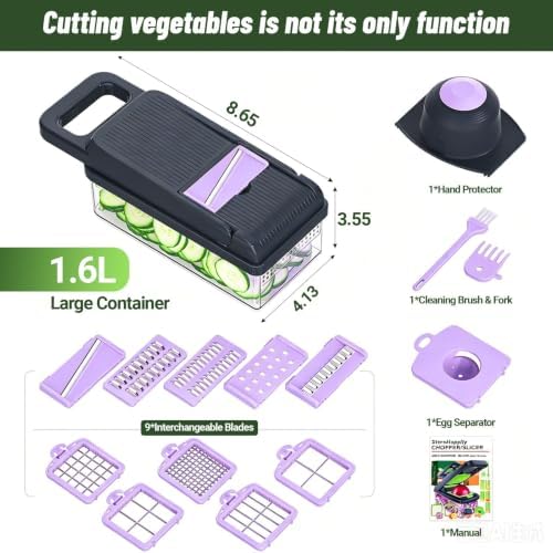 15-in-1 Vegetable Chopper 10 Blades, Veggie Cutter with Handle, Black/Purple