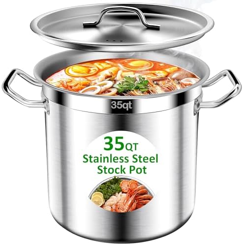 Stockpots-35QT Stainless Steel Large Stock Pot with Lid, Heavy Duty Tri-Ply Bottom Commercial Grade Stock Pot & Stockpots for Boiling Cooking Soup Stew Canning Cooking Pots, Big Stockpot