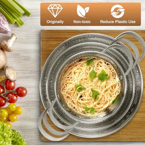 Stainless Steel Colander Set of 3 (1.5-3-5Quart) | Durable Rice and Pasta Strainer with Handle | Oversized Handles | Nesting Design | Rust-Resistant & Dishwasher Safe