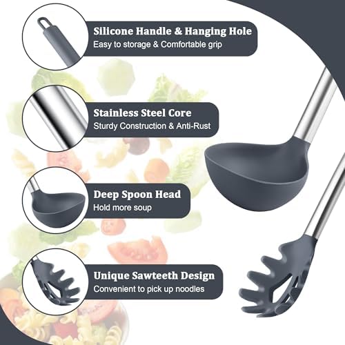 TeamFar Silicone Pasta Fork and Ladle, Nonstick Kitchen Utensils, Gray