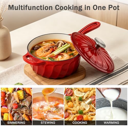 1 Quart Saucepan with Lid, Enameled Cast Iron Sauce Pan, Heavy Duty Small Pots for Cooking Pasta Sauce, Soup, Milk, Oven Safe up to 500°F (Red)