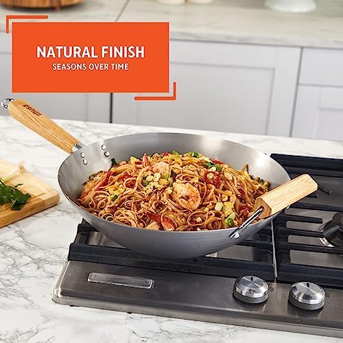 IMUSA 14 Inch Carbon Steel Wok with Wood Handles for Noodles