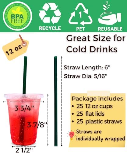 Aatriet 12 oz Clear Plastic Cups with Lids and Straws, Disposable Coffee Cups 25 Sets