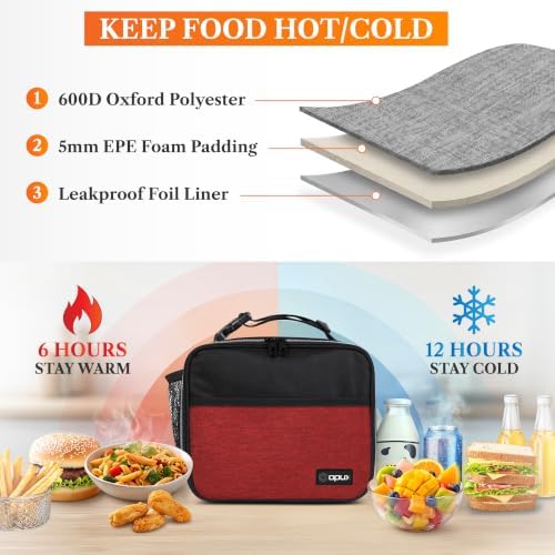 opux Insulated Lunch Bag for Kids, Reusable Lunch Box for School, Red