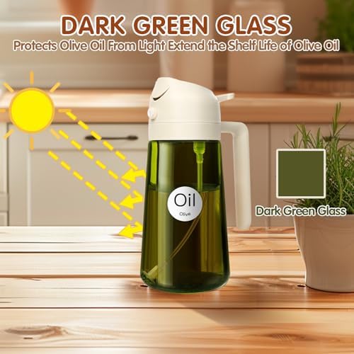 YARRAMATE 2PCS 16oz/470ml Oil Sprayer for Cooking with Stickers, Food-Grade 2 in 1 Olive Oil Dispenser Bottle for Kitchen, Premium Dark Green Glass Oil Bottle for Air Fryer, BBQ (White & Green)