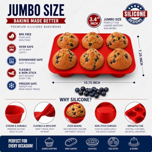 Silicone Texas Muffin Pan 6-Cups, Jumbo Muffin Pan Set of 2, BPA-Free Non-Stick Cupcake Maker, 10.75L x 7.5W for Baking