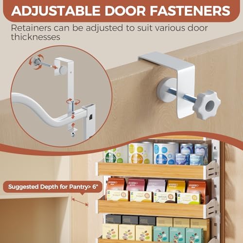 8-Tier Pantry Door Organizer, Over the Door Pantry Organizer with Wooden Adjustable Baskets, 2 IN 1 Spice Rack Wall Mount or Door Organizer, Door Spice Rack for Pantry（72.6×17.1×5.1in,White)