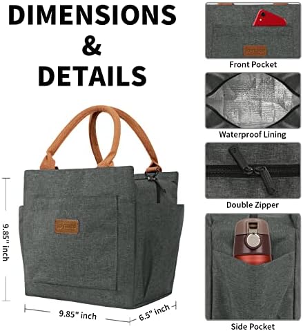 Joymee Lunch Bag Women Insulated Lunch Box Reusable Leakproof Large Spacious Cooler Tote for Womens Mens Adults with Bottle Holder and Side Pockets for Work Office Travel Picnic -Charcoal Gray