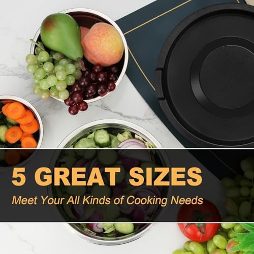 hunnycook 5 Piece Mixing Bowl Set - Mixing Bowls with Lid, Stainless Steel Mixing Bowls for Baking, Size 1.5, 2.1, 3.5, 4, 4.5QT, Baking Bowl for Food Preparation, Mixing and Serving Foods