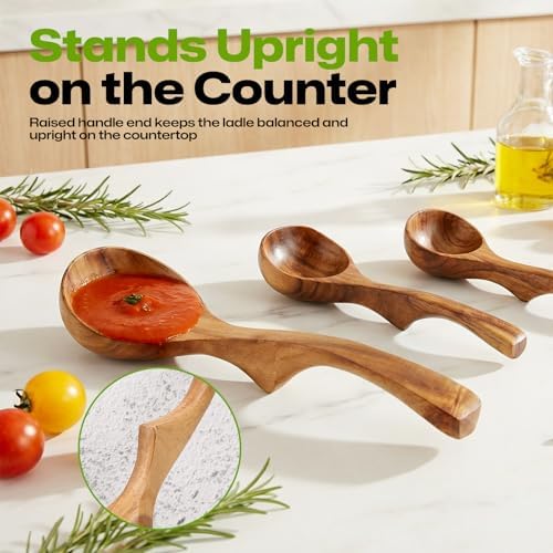 AIUHI Wooden Ladle Spoon Set, 3Size Teak Wood Ladle Spoon, Wooden Soup Spoon for Cooking, Non-Stick, Comfortable Grip for Cooking and Serving