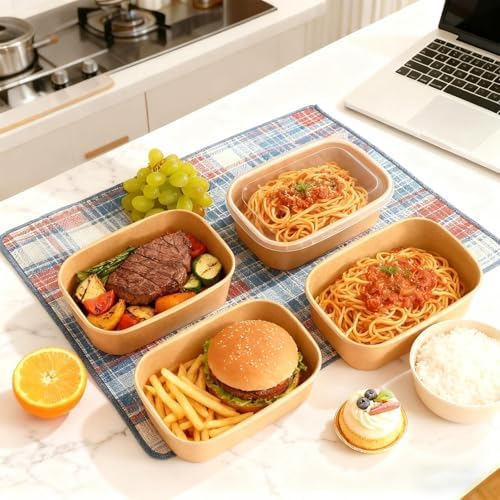 50 Pack Disposable Meal Prep Containers, 29oz Disposable Large Paper Bowls with Lids and Forks for Salad, Noodles, Freezer and Microwavable Storage Use Cardboard Food Containers