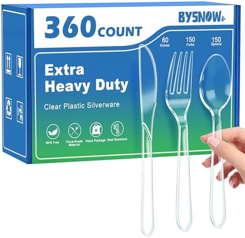 BYSNOW 360 Count Extra Heavy Duty Plastic Silverware Disposable Plasticware