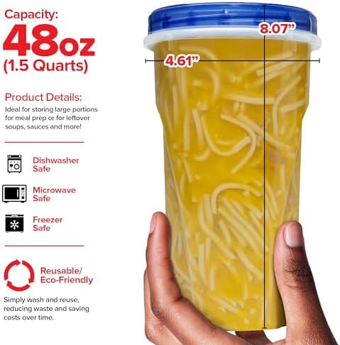 Stock Your Home 48oz Plastic Containers with Twist Top Lids (6 Pack), 1.5 Quart Freezer Containers with Lids for Leftover Food, Airtight Reusable Soup Containers, Microwave and Dishwasher Safe