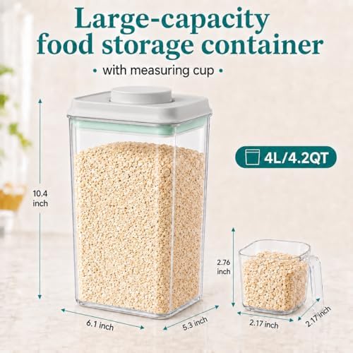 POP Airtight Flour-Rice Food-Storage Container - 4L/4.2Qt Jar with Lid and 3.3Oz Scoop | BPA-Free | Can Hold 5lb of Flour or 5lb of Rice | Stackable and Durable