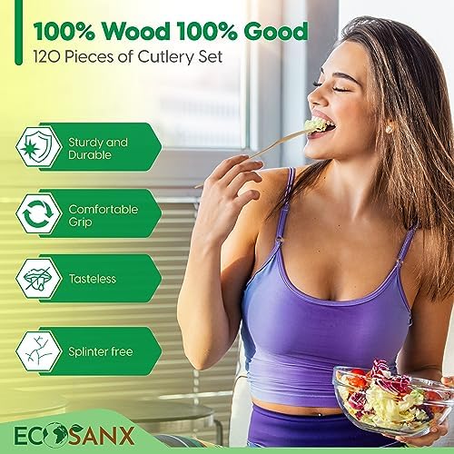ECOSANX® 120 PCs Wooden forks for eating 6.3" Splinter Free Compostable Forks, Eco-Friendly Wooden Cutlery for Party & Outdoor, Disposable forks for Camping, Events & More