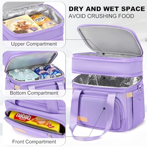 MAPLELILY Lunch Box for Men Women - Double Deck Insulated Lunch Bag, Large Leak Proof Tote Cooler, Wide Open Dual Compartment Lunch Bags with Shoulder Strap, For Work Picnic Hiking Beach, Purple