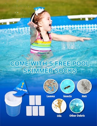Above Ground Pool Skimmer with 5 Skimmer Socks, Wall Mount Surface Skimmer with Basket for Intex, Tubular, Metal Frame & Inflatable Pools, Adjustable Floating Filter - Auto Removes Leaves & Debris