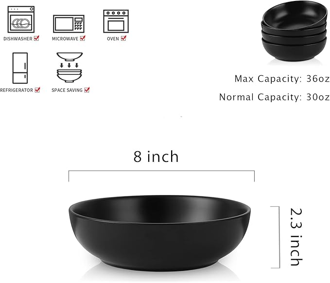 Selamica Ceramic Pasta Bowls Set of 4,Stackable Serving Bowl, Microwave Dishwasher Safe, Matte Black