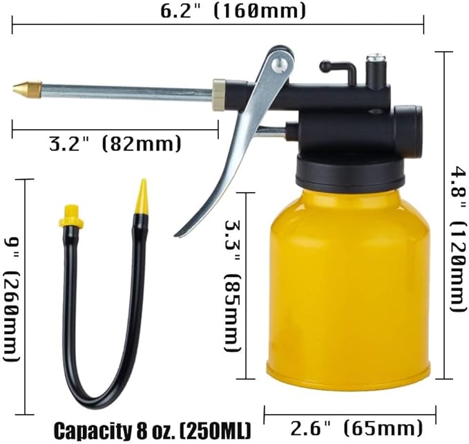 Hand Pump Oiler Can Professional Level 8 oz. Capacity Pump Oiler with Metal & Long Flex Spout