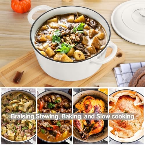 E-far 6 Quart Dutch Oven, Enameled Cast Iron Dutch Oven Pot with Lid, Nonstick Round Cookware for Braising/Stews/Roasting/Bread Baking/Cooking, Heavy Duty, Induction & Oven Safe - White
