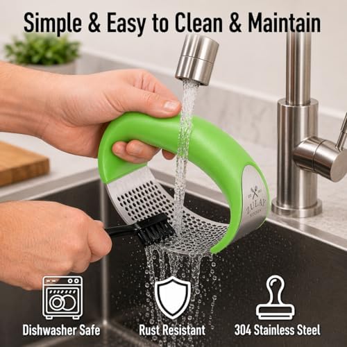Zulay Kitchen Stainless Steel Garlic Press Rocker Set - Premium Garlic Mincer Garlic Crusher - New Innovative Garlic Crusher with Peeler and Scraper - Comfortable Grip (Green)
