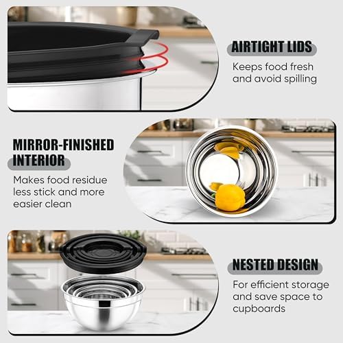P&P CHEF Metal Mixing Bowls with Lids Set, Airtight Lids & Black