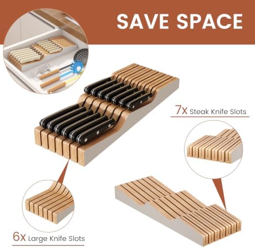 In-Drawer Knife Block Organizer - Bamboo Wood Drawer Knife Organizer-Protecting Knife Organizer Block (Not Included) (White, 13 Knives Dock)