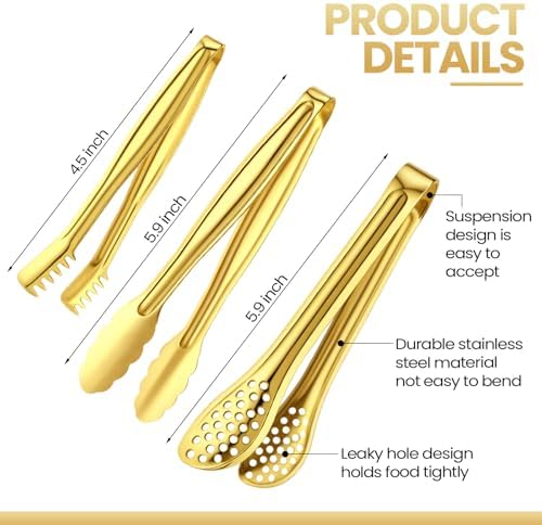 CHENGU 12 Pack Stainless Steel Kitchen Tongs 4/6/6 Inches Food Serving Clip Kitchen Cooking Tongs High Heat Resistant Clips for Cooking Non Stick Grill Salad (Gold, Diversity)