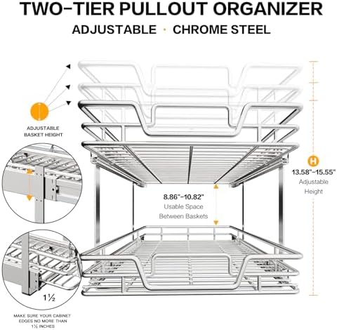 2-Tier Kitchen Cabinet Pull Out Shelf and Drawer Organizer Slide Out Pantry Storaqe Basket in Multiple Sizes (15" W x18 D)