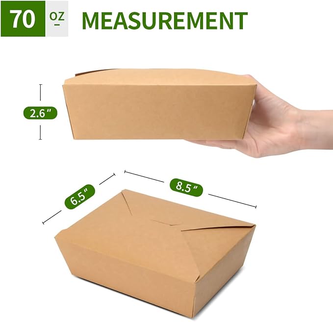 50 Pack 70 oz Large Take Out Food Containers - Heavy Duty Microwavable Kraft Brown Paper To Go Box #3 - Grease Resist Paper Lunch Box Cardboard Take Out Box for Restaurant, Household, Party