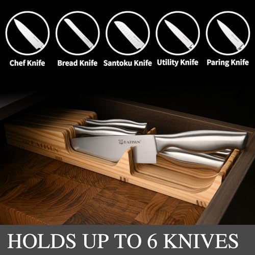 Kitchen Knife Set, 6 Pieces Knife Block Sets with Pine Knives Drawer Organizer, Perfect for Home and Chefs, Premium Knife Holder, Gift for Holiday and Housewarming