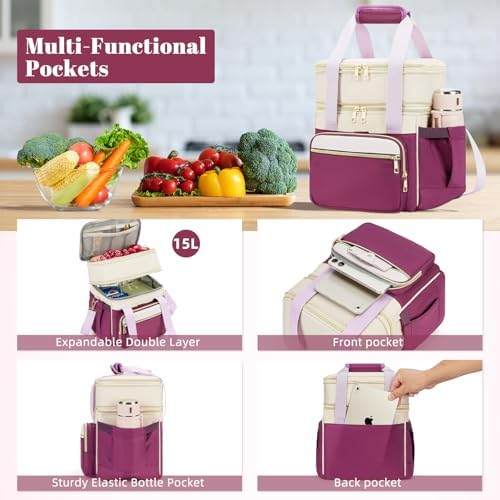 holuxer Lunch Bag for Women - Expandable Double Deck Lunch Box