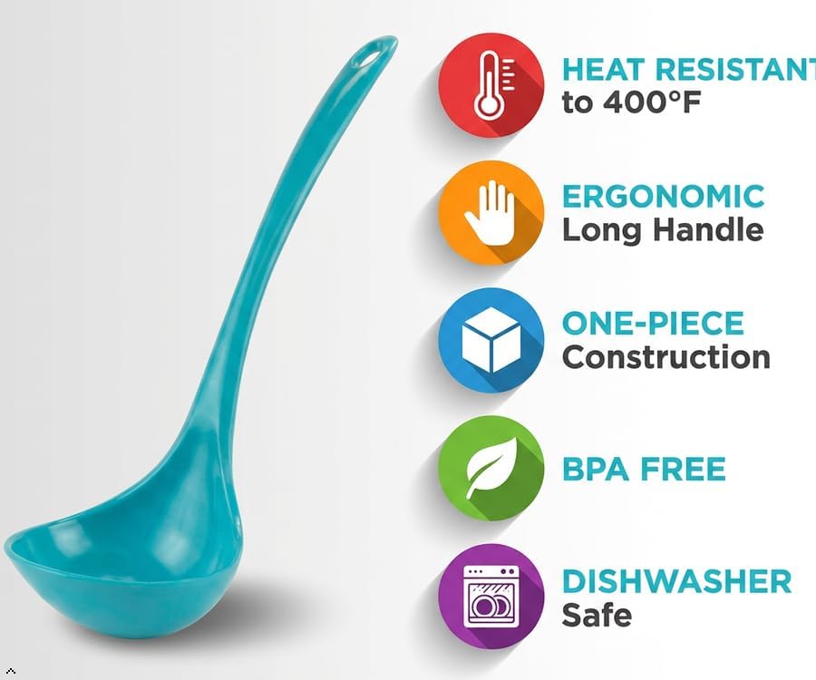 Reston Lloyd Melamine Soup Ladle Kitchen Utensil, Premium Quality Utensil with Heat Resistant Ergonomic Handle, Durable BPA-Free Plastic, 10.5 inch long, One Piece, Turquoise
