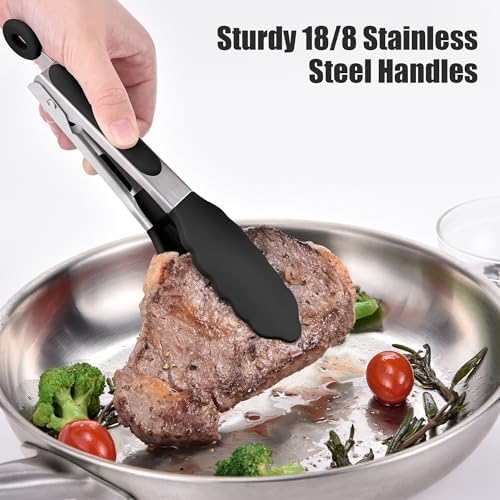 Doosu Kitchen Tongs with Silicone Tips for Cooking Serving (7in, Black)
