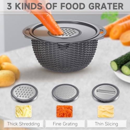 4-1 Colander with Lid Set - Rotatable Strainer With Bowl(Patented), Pasta Strainer with New Upgraded Graters, Strainer And Colanders, Fruit Cleaner, Veggie Wash, Apartment Kitchen Gadgets - Grey