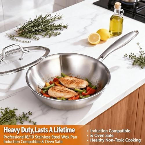 DELARLO Woks & Stir-Fry Pans, 13 in Stainless Steel Pan with Lid, Large Cooking Surface, Tri-Ply Stainless Steel Wok Pan,High Side 3 Layer Stainless Steel Saute Pan, Wok for induction cooktop, 600℉