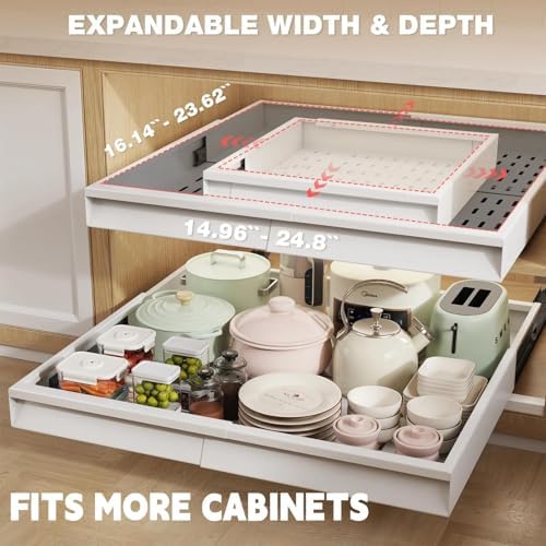 Seinloes Pull Out Cabinet Organizer, 4-Side Expandable to Fit Most Cabinets, 3 Rail Slide Out Drawers with Raising Pad for Framed & Frameless Cabinets, 15"-25" W x 17"-24" D, White, 2 Pack