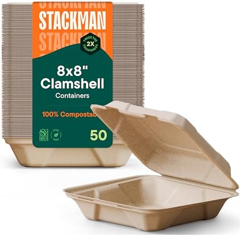 100% Compostable Clamshell Take Out Food Containers [8X8" 50-Pack] Heavy-Duty Quality to go Containers, Natural Disposable Bagasse, Eco-Friendly Biodegradable Made of Sugar Cane Fibers
